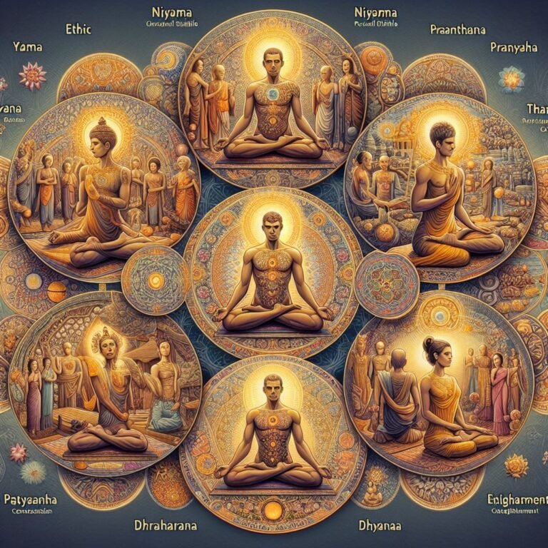 yama (ethiek), niyama (persoonlijke discipline), asana (lichaamshouding), pranayama (ademhaling), pratyahara (introspectie), dharana (concentratie), dhyana (meditatie) en samadhi (verlichting)